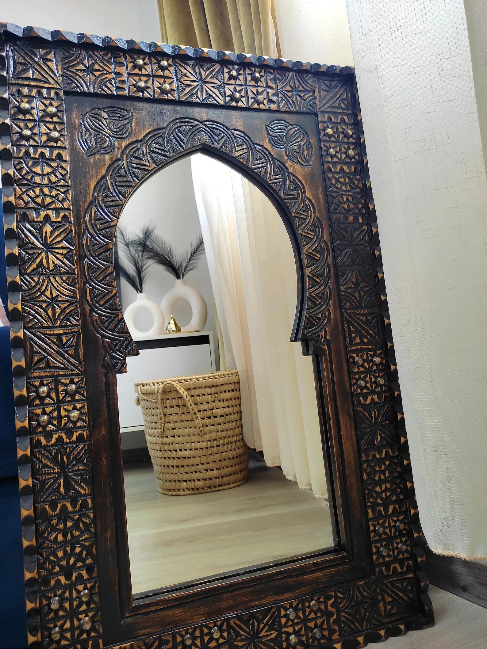 Moroccan Vintage Hand-Carved Wooden Wall Mirror – 80x50 cm, Farmhouse & Antique Decor by Living Furn India