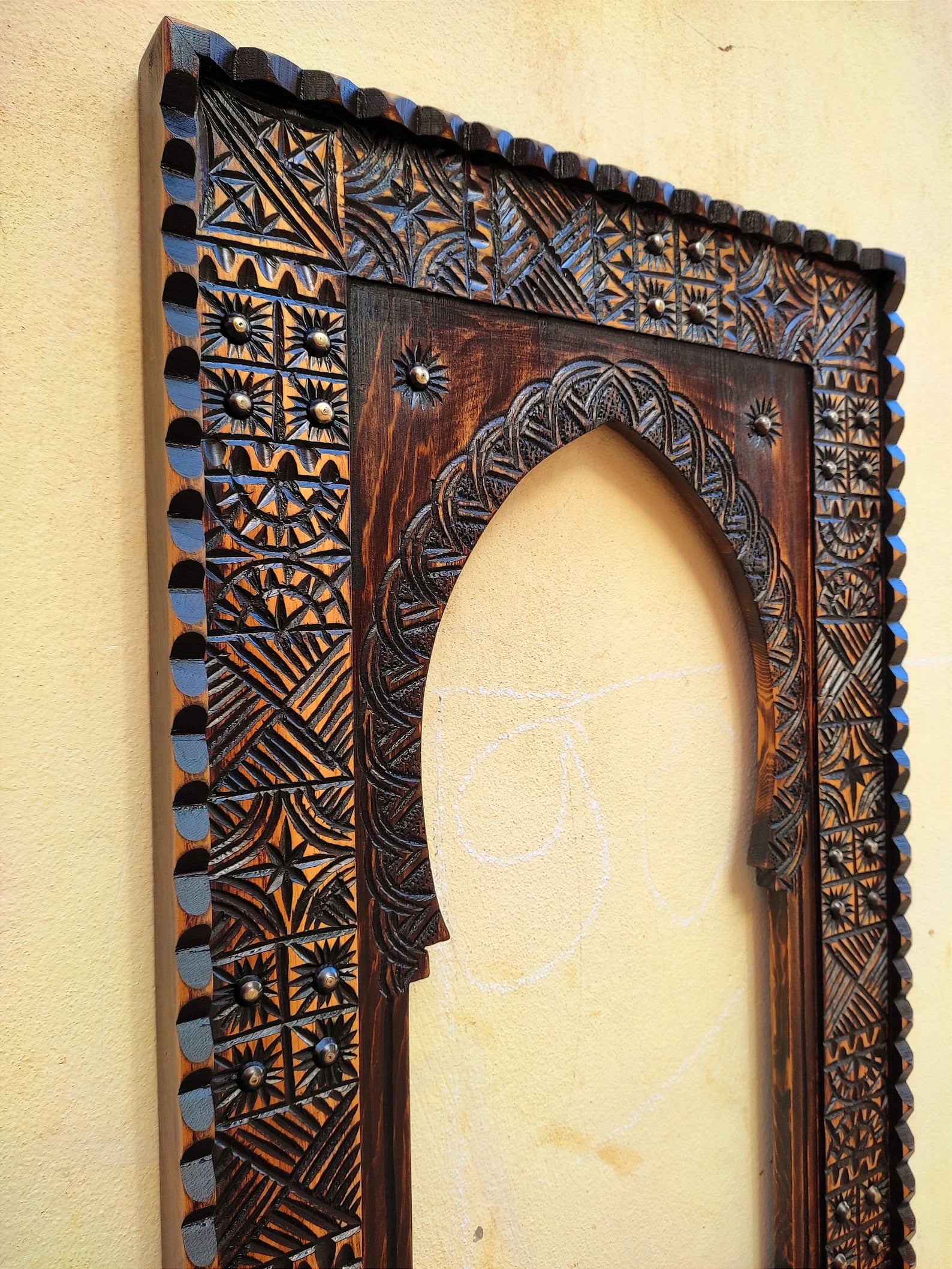 Moroccan Vintage Hand-Carved Wooden Wall Mirror – 80x50 cm, Farmhouse & Antique Decor by Living Furn India