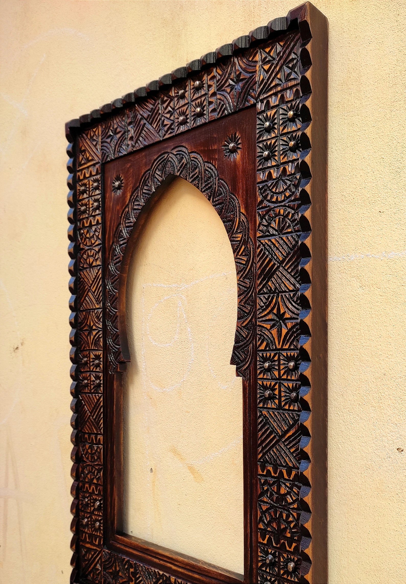 Moroccan Vintage Hand-Carved Wooden Wall Mirror – 80x50 cm, Farmhouse & Antique Decor by Living Furn India