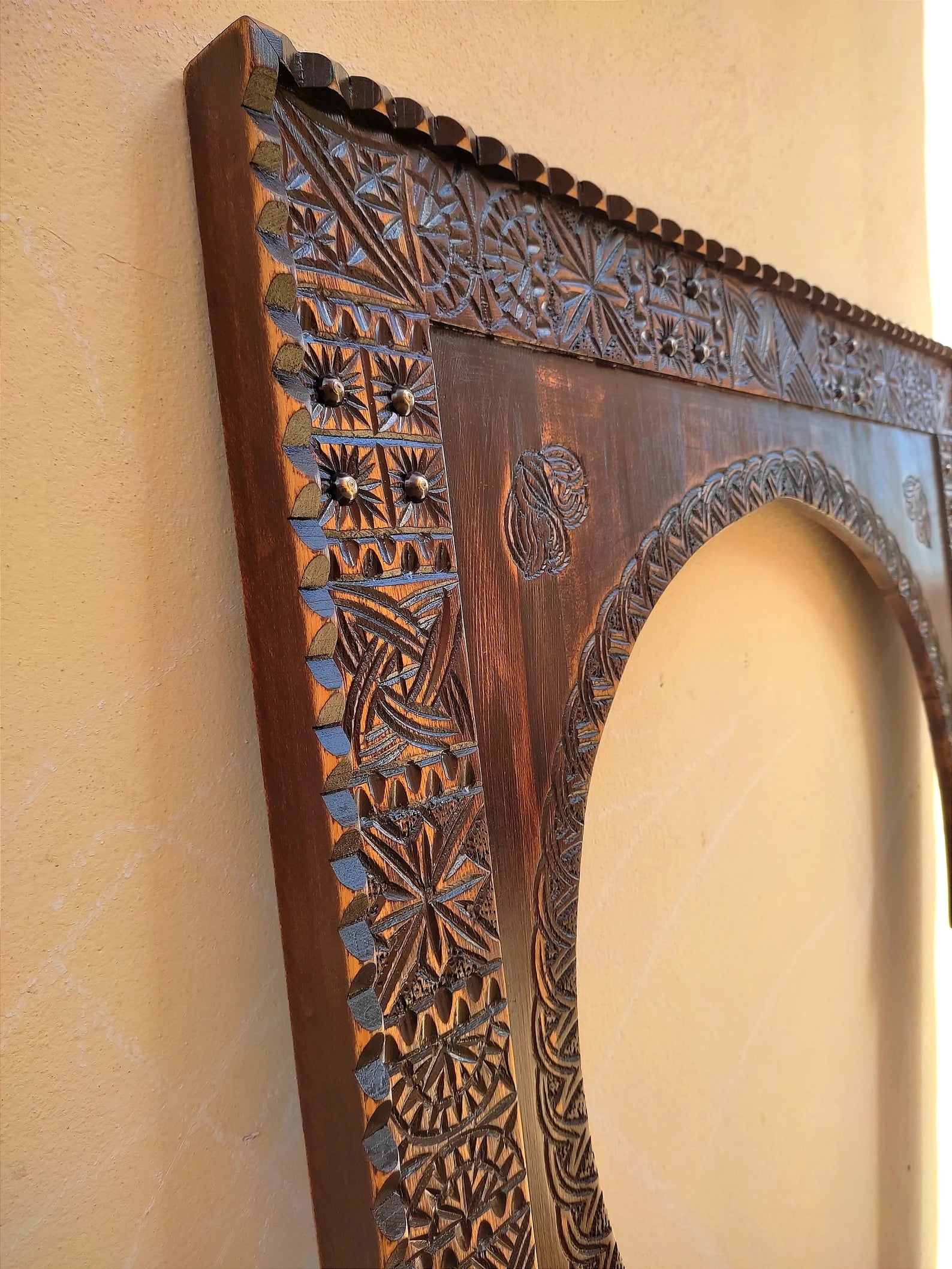 Moroccan Vintage Hand-Carved Wooden Wall Mirror – 80x50 cm, Farmhouse & Antique Decor by Living Furn India