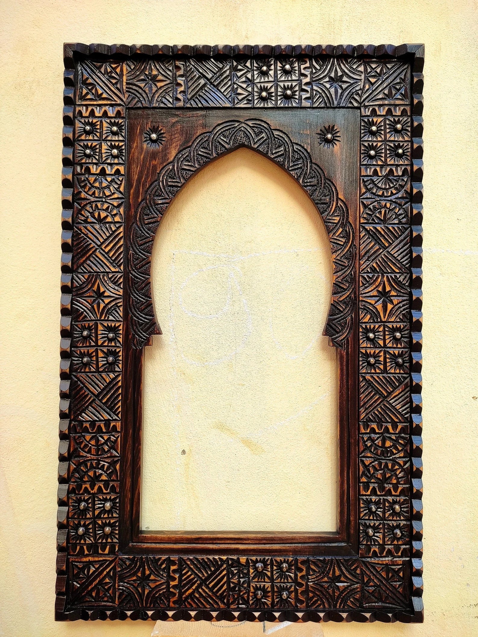 Moroccan Vintage Hand-Carved Wooden Wall Mirror – 80x50 cm, Farmhouse & Antique Decor by Living Furn India