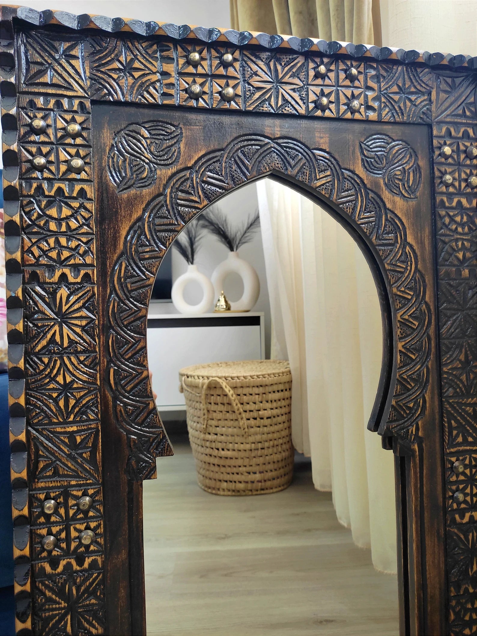 Moroccan Vintage Hand-Carved Wooden Wall Mirror – 80x50 cm, Farmhouse & Antique Decor by Living Furn India