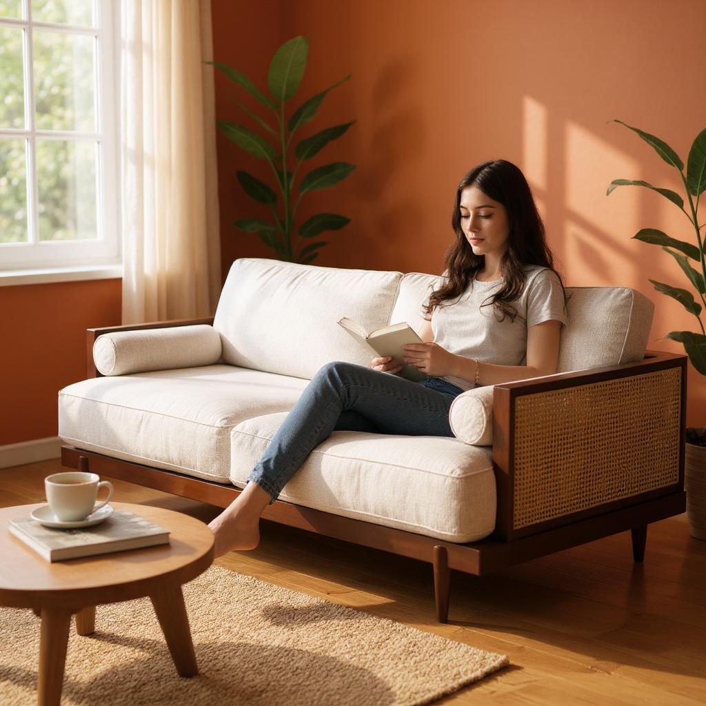 Modern Wooden Rattan Sofa | Handcrafted Cane & Wood Upholstered Couch | Mid-Century Living Room Seating | Living Furn India