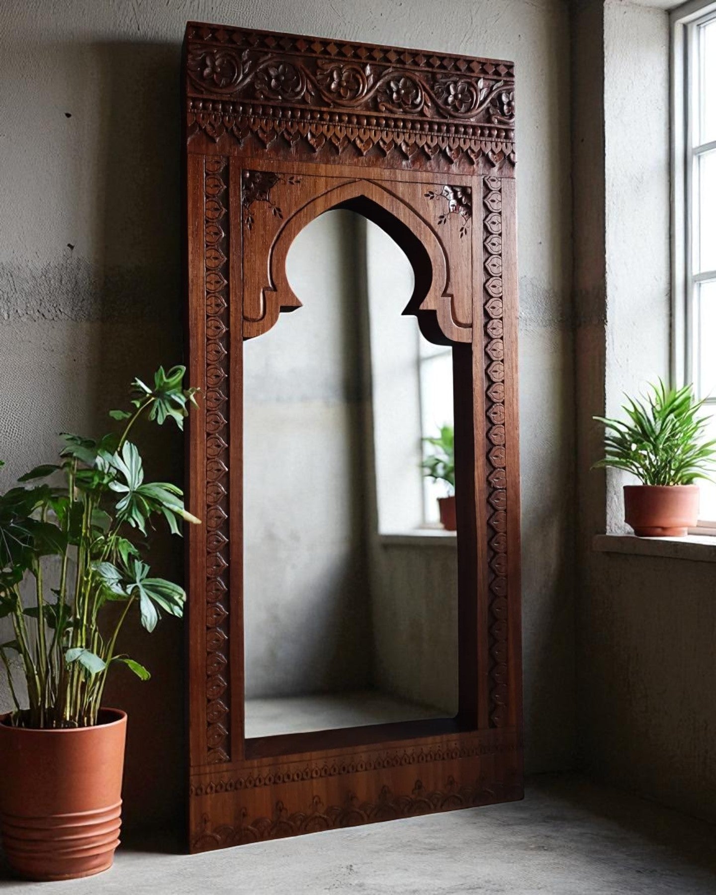 Large Arched Carved Wooden Floor Mirror — Handcrafted Solid Wood, Warm Brown Finish | Living Furn India