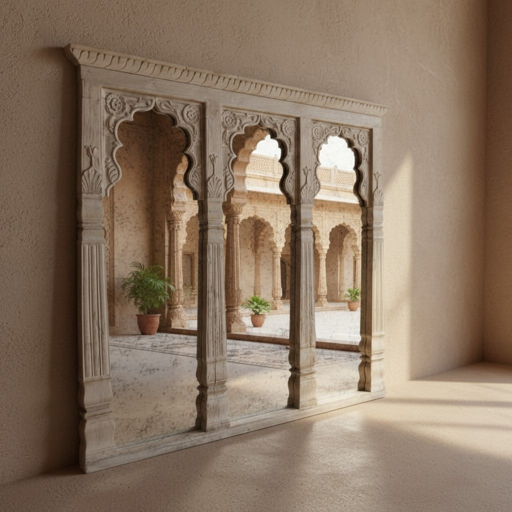 mango wood mirror, jharokha mirror, triple arch mirror, indian mirror, carved mirror, boho mirror, rustic white mirror, distressed mirror, whitewashed mirror, arched mirror, wall mirror, statement mirror, palace mirror, mughal arch, scalloped arch, floral carving, carved spandrels, turned pilasters, paneled crown, global eclectic, farmhouse boho, vintage inspired, artisan made, handcrafted in india, solid wood mirror, large wall mirror, console mirror, buffet mirror, living room mirror, hallway mirror, dini