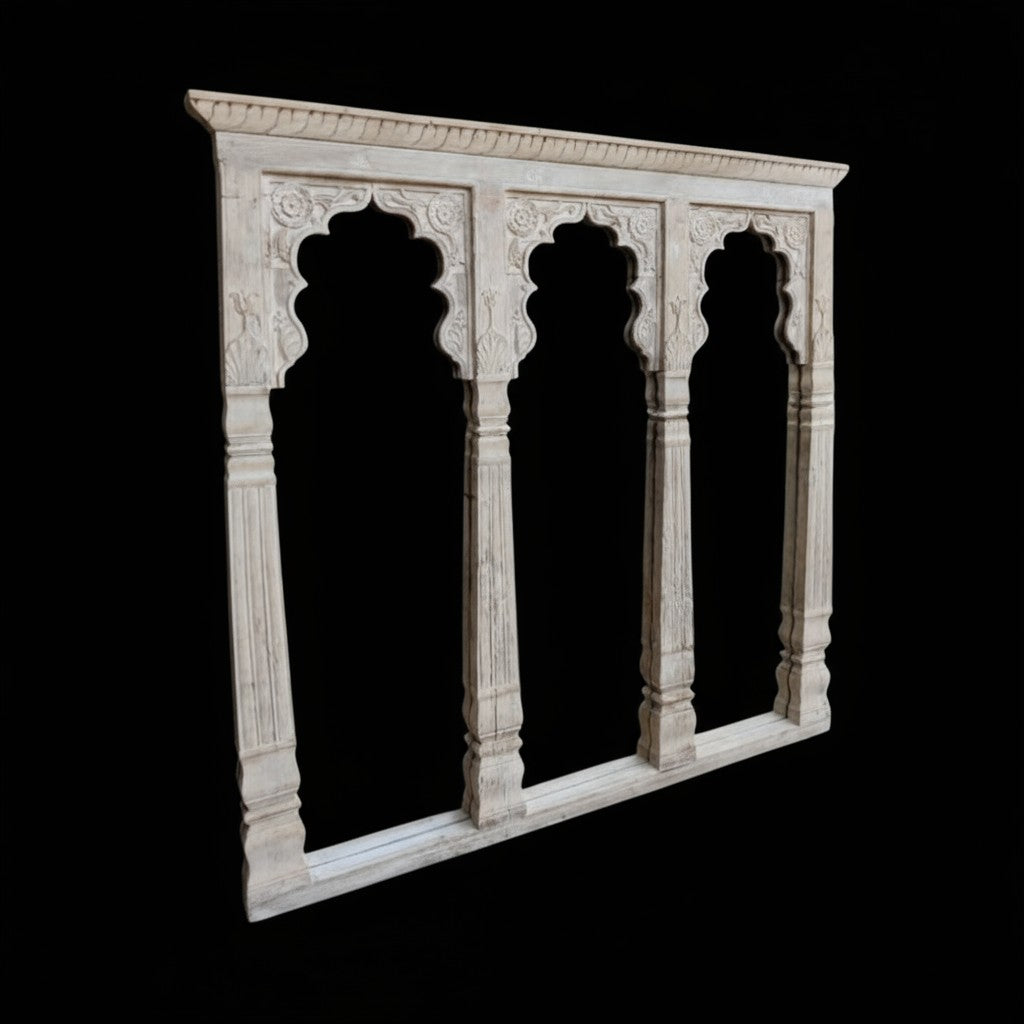 mango wood mirror, jharokha mirror, triple arch mirror, indian mirror, carved mirror, boho mirror, rustic white mirror, distressed mirror, whitewashed mirror, arched mirror, wall mirror, statement mirror, palace mirror, mughal arch, scalloped arch, floral carving, carved spandrels, turned pilasters, paneled crown, global eclectic, farmhouse boho, vintage inspired, artisan made, handcrafted in india, solid wood mirror, large wall mirror, console mirror, buffet mirror, living room mirror, hallway mirror, dini