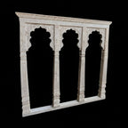 mango wood mirror, jharokha mirror, triple arch mirror, indian mirror, carved mirror, boho mirror, rustic white mirror, distressed mirror, whitewashed mirror, arched mirror, wall mirror, statement mirror, palace mirror, mughal arch, scalloped arch, floral carving, carved spandrels, turned pilasters, paneled crown, global eclectic, farmhouse boho, vintage inspired, artisan made, handcrafted in india, solid wood mirror, large wall mirror, console mirror, buffet mirror, living room mirror, hallway mirror, dini