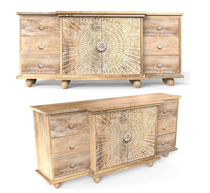 mango wood sideboard, white sideboard, carved sideboard, sunburst sideboard, farmhouse sideboard, storage cabinet, hand carved furniture, solid wood sideboard, buffet cabinet, accent cabinet, living room storage, hallway cabinet, bedroom storage, statement sideboard, handmade sideboard, artisan made cabinet, premium wood furniture, quality furniture, durable cabinet, sturdy sideboard, timeless furniture, elegant sideboard, unique cabinet, sculptural sideboard, focal piece cabinet, handcrafted in india, sust