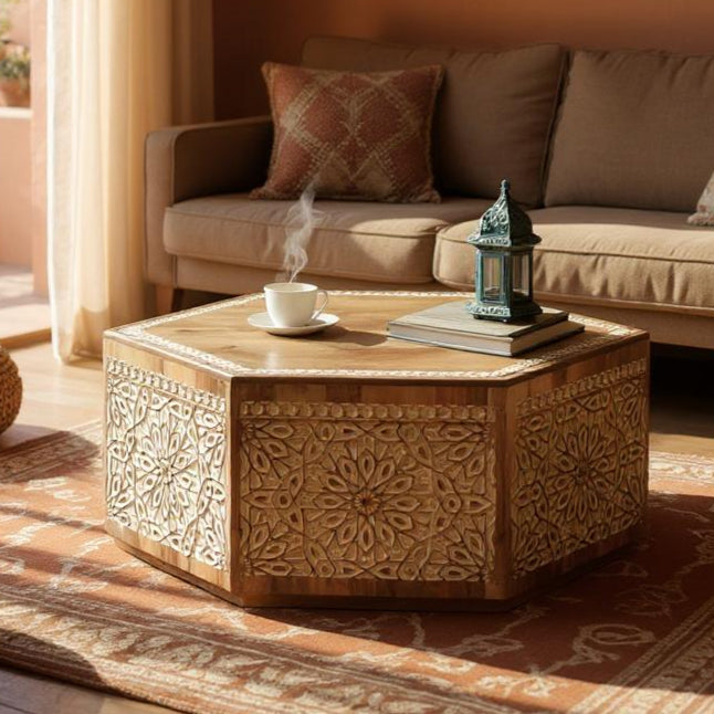 Cozy living room with a beige sofa, decorative coffee table, and wall art.