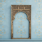 mango wood mirror, jharokha mirror, arched mirror, carved mirror, full size mirror, indian mirror, boho mirror, farmhouse mirror, distressed mirror, antique finish, vertical mirror, entryway mirror, wall mirror, statement mirror, palace mirror, scalloped arch, floral carving, foliate spandrels, fluted pilasters, rope border, vine border, jaali frieze, layered molding, vintage inspired, artisan made, handcrafted in india, solid wood frame, ready to hang, iron hooks, kiln dried wood, reinforced joinery, livin