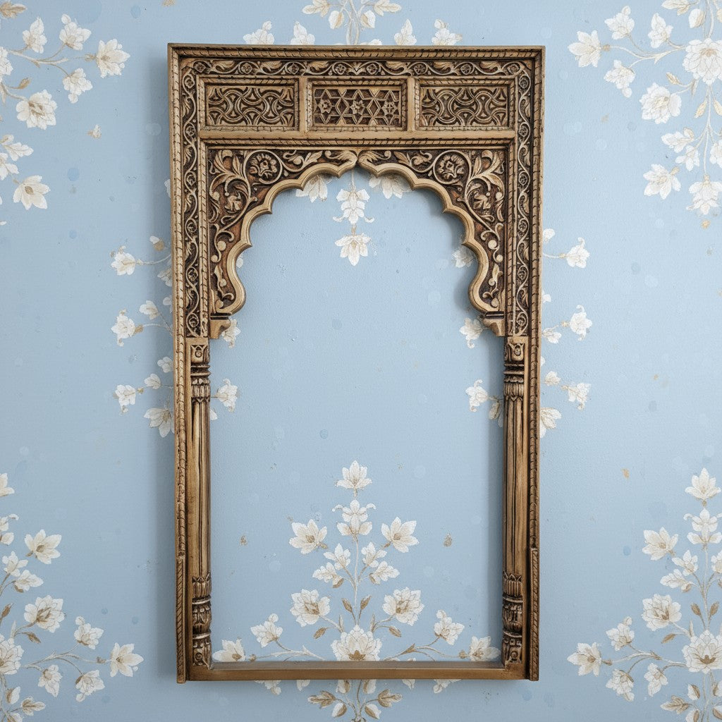 mango wood mirror, jharokha mirror, arched mirror, carved mirror, full size mirror, indian mirror, boho mirror, farmhouse mirror, distressed mirror, antique finish, vertical mirror, entryway mirror, wall mirror, statement mirror, palace mirror, scalloped arch, floral carving, foliate spandrels, fluted pilasters, rope border, vine border, jaali frieze, layered molding, vintage inspired, artisan made, handcrafted in india, solid wood frame, ready to hang, iron hooks, kiln dried wood, reinforced joinery, livin