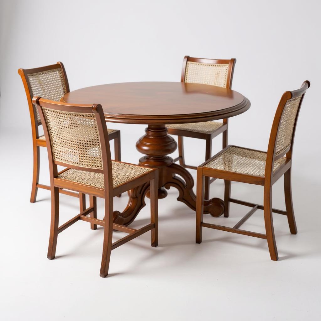 Rattan Round Dining Set – Handcrafted Solid Mango Wood, All Sizes by Living Furn India