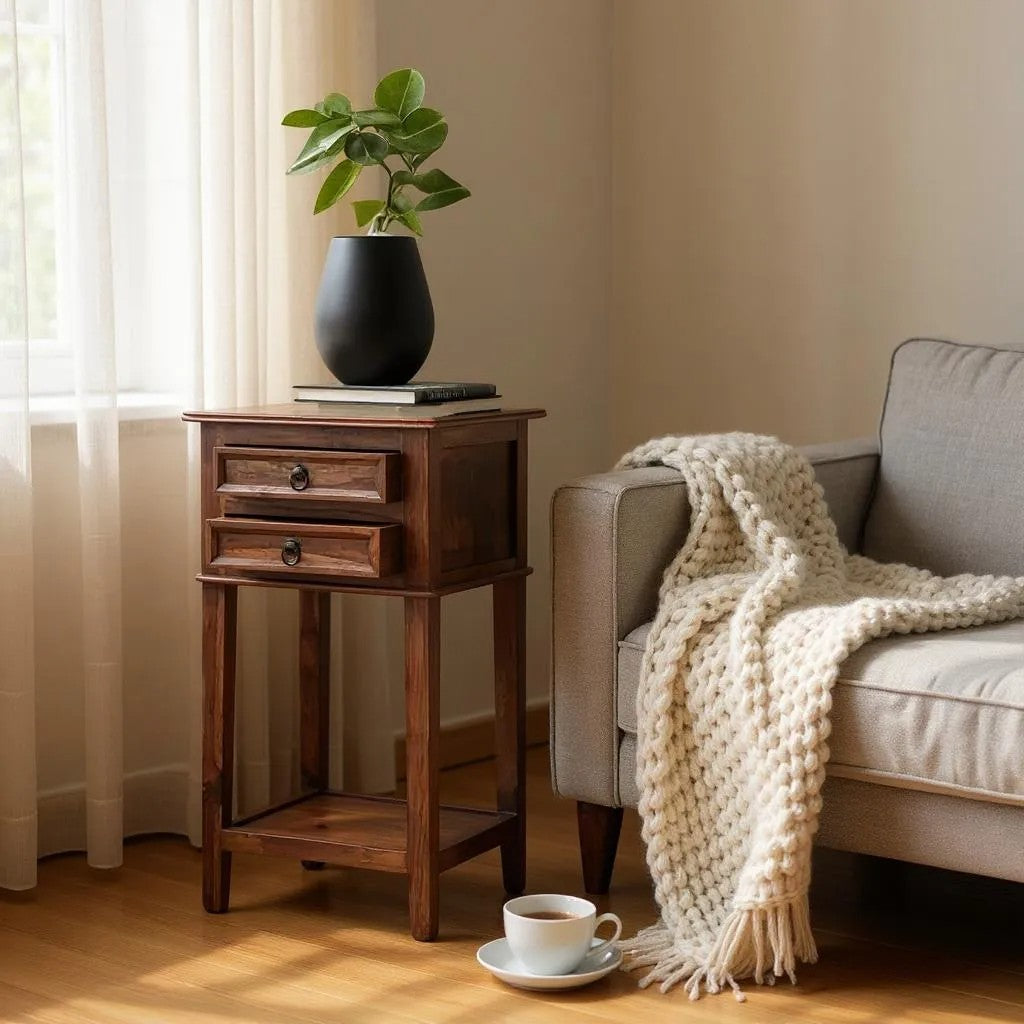 ContempoPeak Sheesham Wood Side Table – 16" Square, 30" High, Unique Contemporary Design by Living Furn India