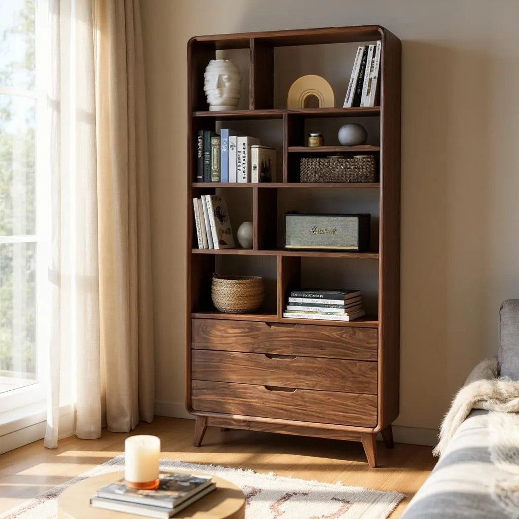 The Jaipur Study Bookcase | Handcrafted Solid Wood with Walnut Finish | 60x40x180cm