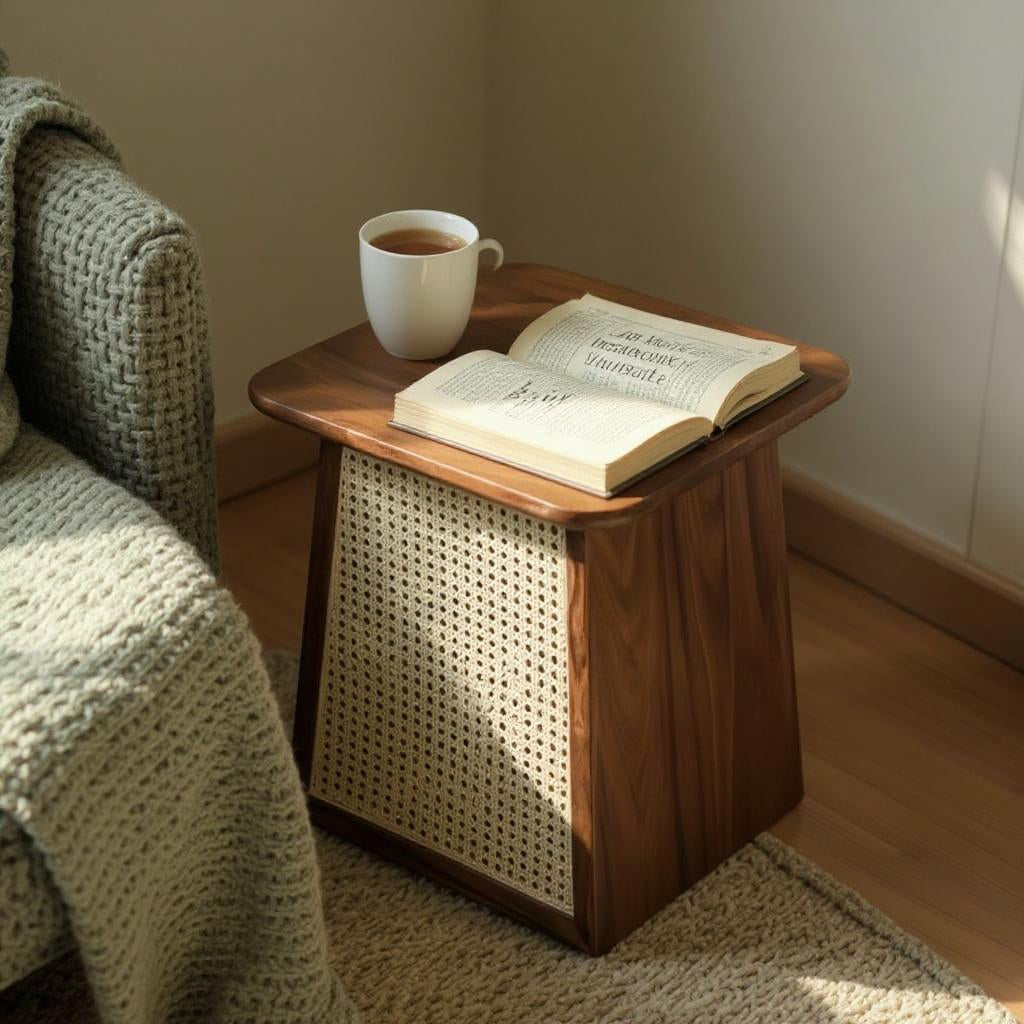 WaltonRattan Modern Side Table – Solid Mango & Sheesham Wood, Rattan Accent, Walnut Finish by Living Furn India