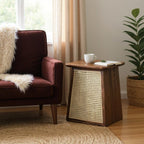 WaltonRattan Modern Side Table – Solid Mango & Sheesham Wood, Rattan Accent, Walnut Finish by Living Furn India