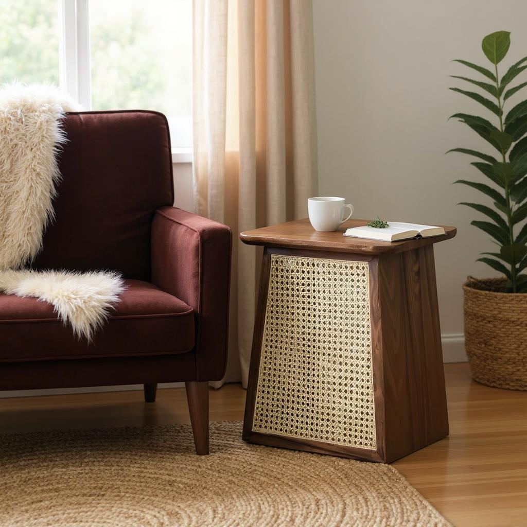 WaltonRattan Modern Side Table – Solid Mango & Sheesham Wood, Rattan Accent, Walnut Finish by Living Furn India