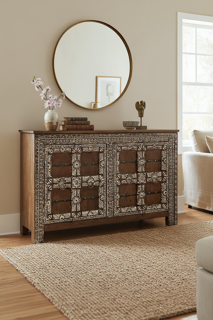 Large carved wooden buffet with floral and geometric detailing, distressed brown finish.


