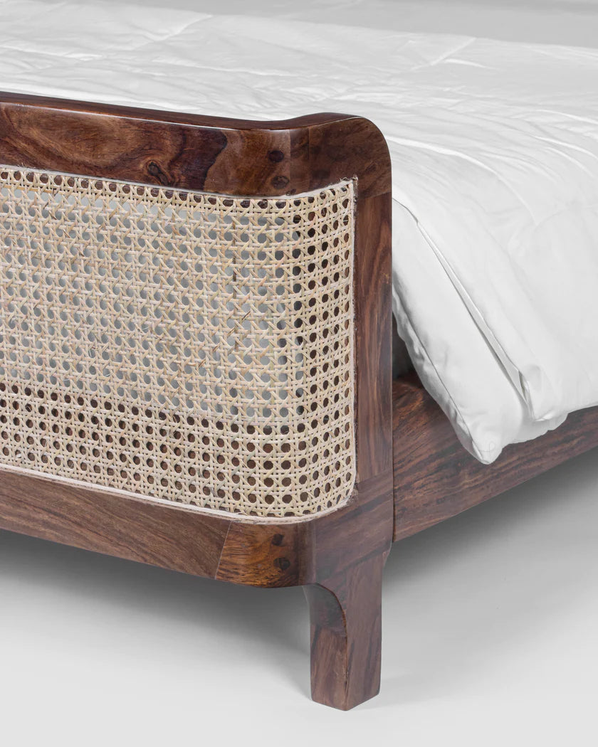 Heritage Canewood Classic Rattan Upholstered Bed – Walnut Finish, All Sizes by Living Furn India