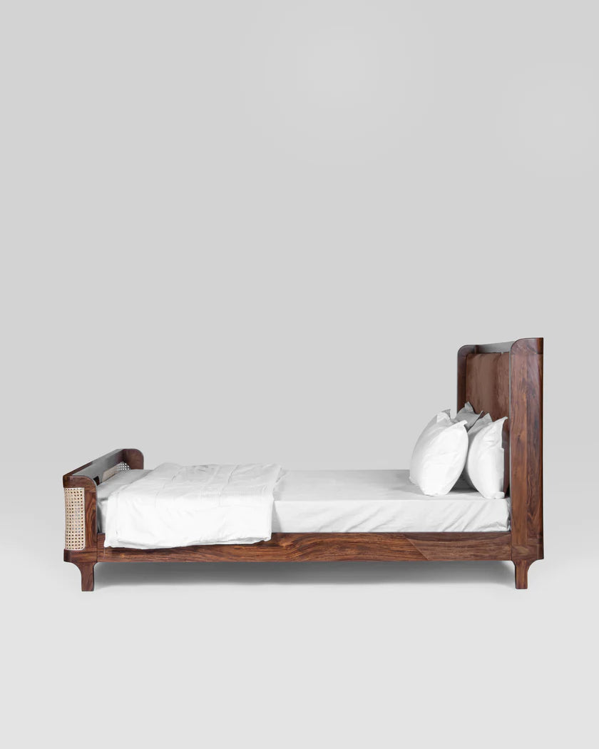 Heritage Canewood Classic Rattan Upholstered Bed – Walnut Finish, All Sizes by Living Furn India