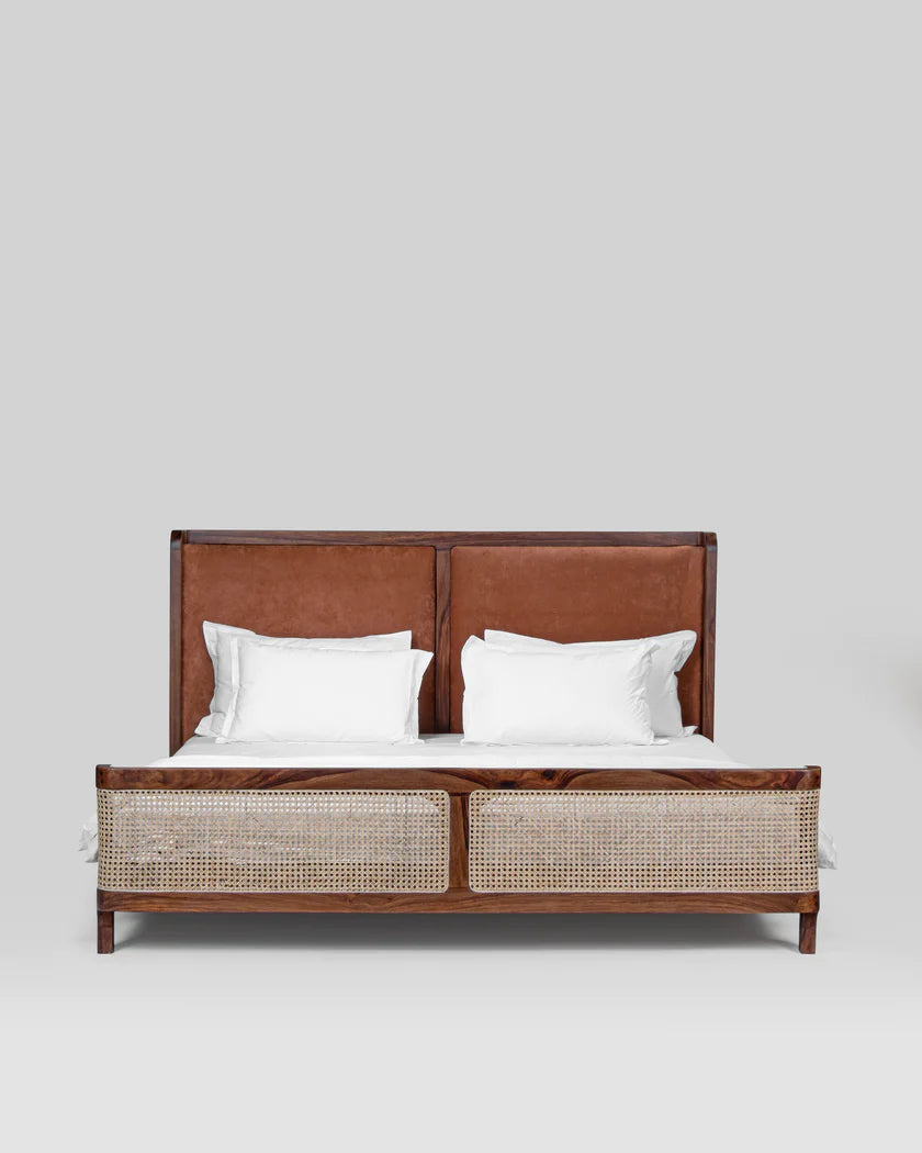 Heritage Canewood Classic Rattan Upholstered Bed – Walnut Finish, All Sizes by Living Furn India