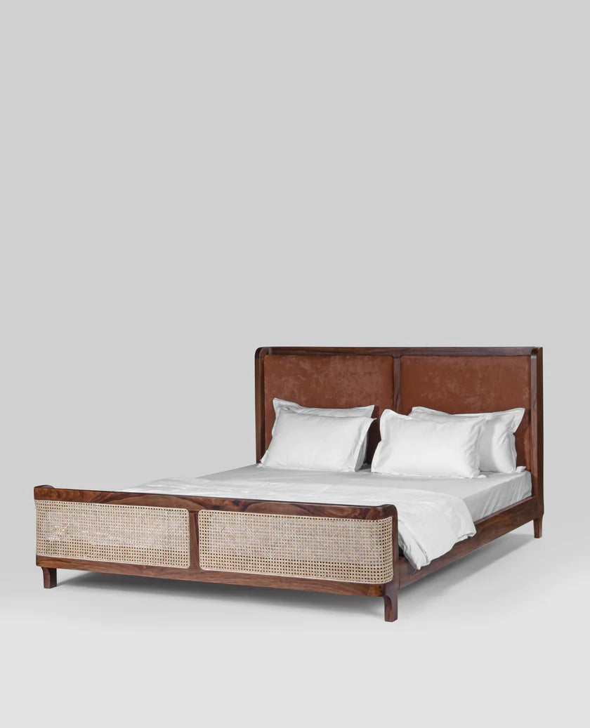 Heritage Canewood Classic Rattan Upholstered Bed – Walnut Finish, All Sizes by Living Furn India