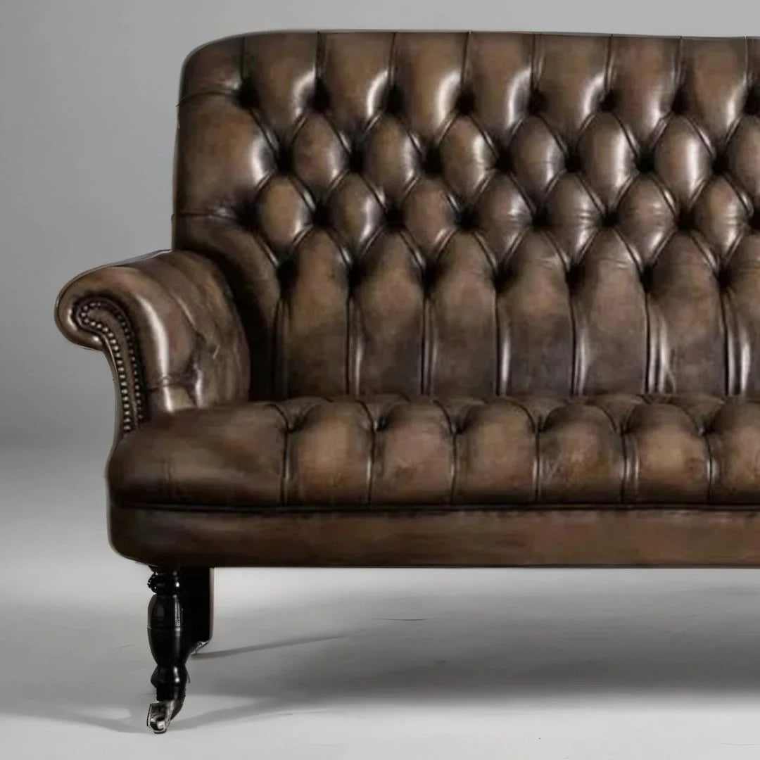 Aristo Slate Hand-Tufted Leather 3-Seater Sofa – Luxury by Living Furn India