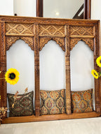 Hand‑Carved 3‑Jharokha Indian Wall Mirror — Distressed Rustic Mango Wood, Architectural Statement | Living Furn India