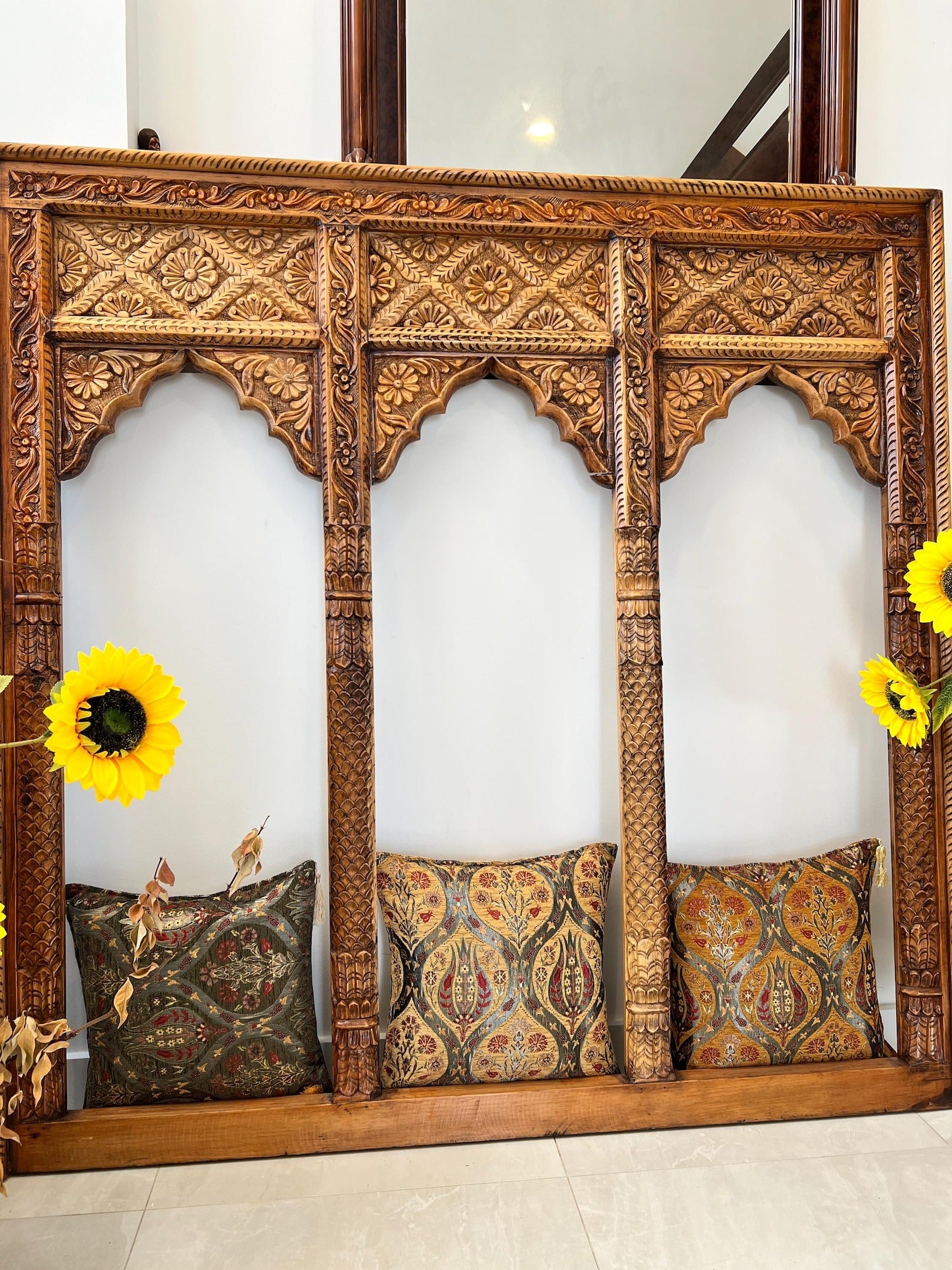 Hand‑Carved 3‑Jharokha Indian Wall Mirror — Distressed Rustic Mango Wood, Architectural Statement | Living Furn India