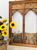 Hand‑Carved 3‑Jharokha Indian Wall Mirror — Distressed Rustic Mango Wood, Architectural Statement | Living Furn India