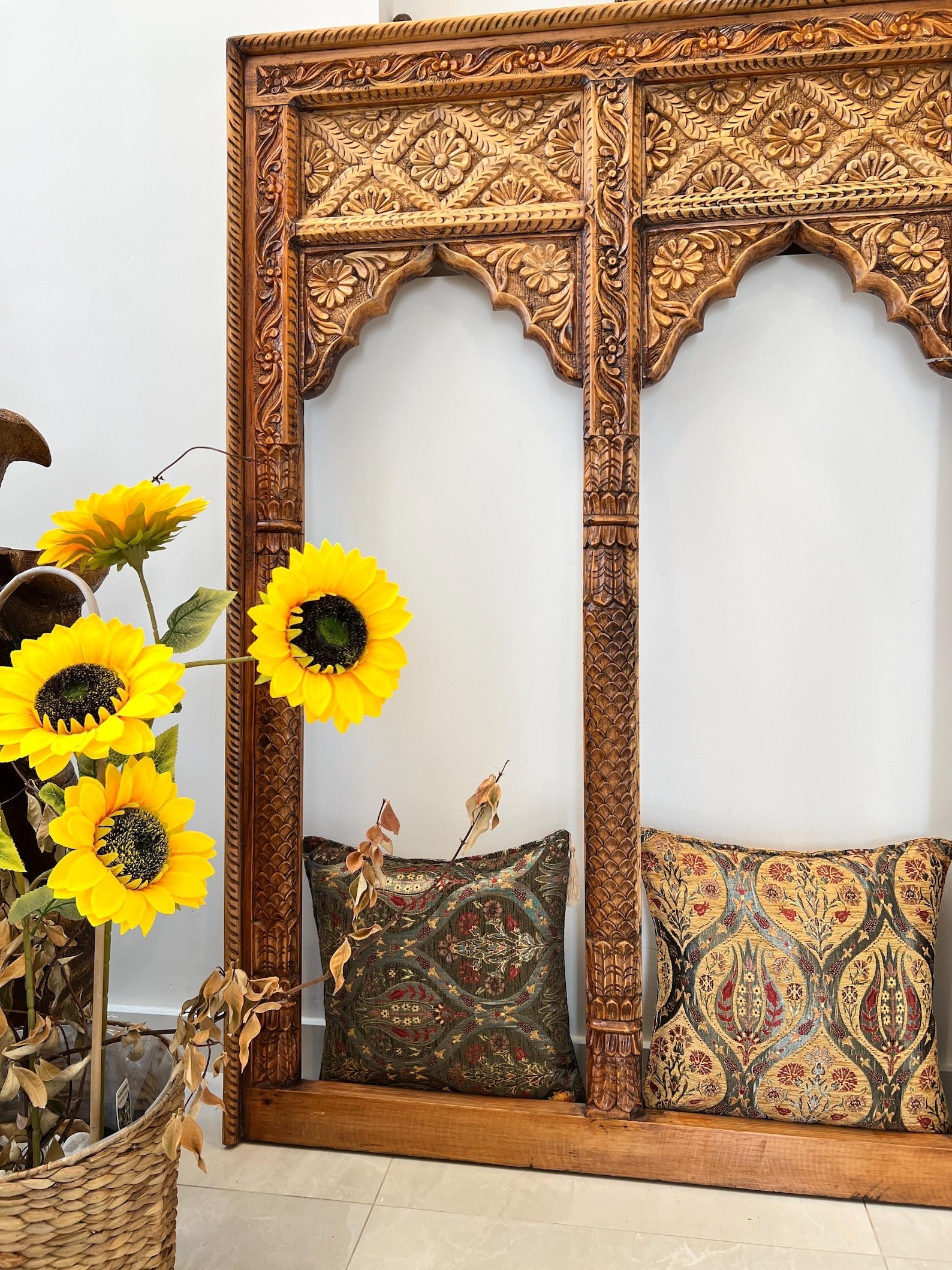 Hand‑Carved 3‑Jharokha Indian Wall Mirror — Distressed Rustic Mango Wood, Architectural Statement | Living Furn India