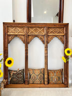 Hand‑Carved 3‑Jharokha Indian Wall Mirror — Distressed Rustic Mango Wood, Architectural Statement | Living Furn India