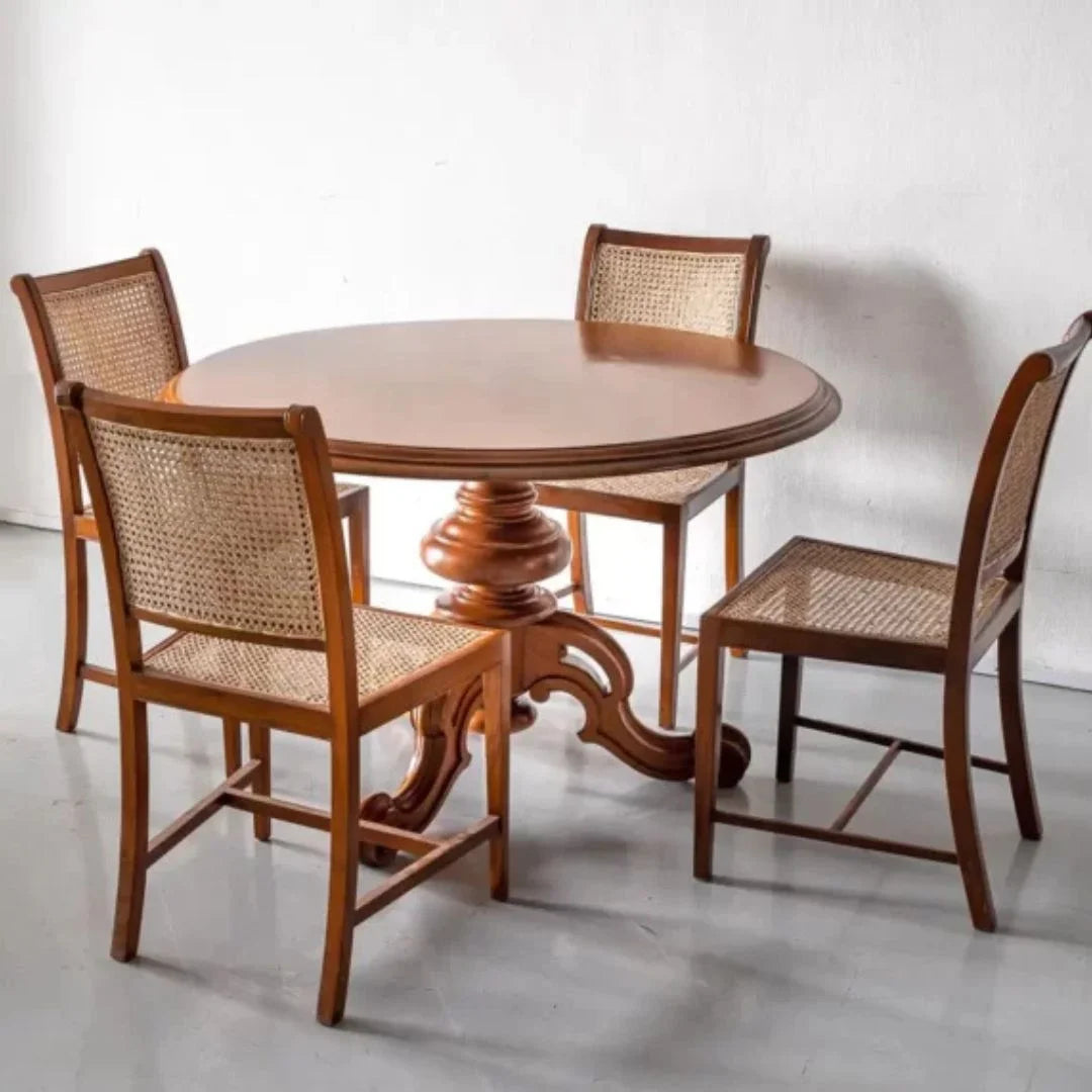 Rattan Round Dining Set – Handcrafted Solid Mango Wood, All Sizes by Living Furn India