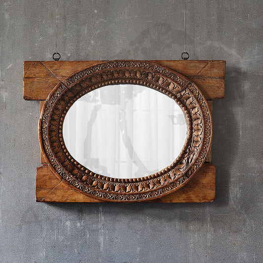 Antique Hand-Carved Wooden Oval Mirror