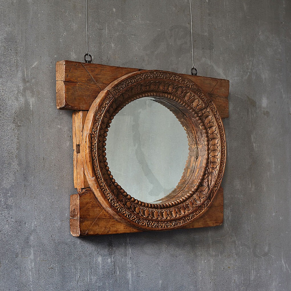 Antique Hand-Carved Wooden Oval Mirror