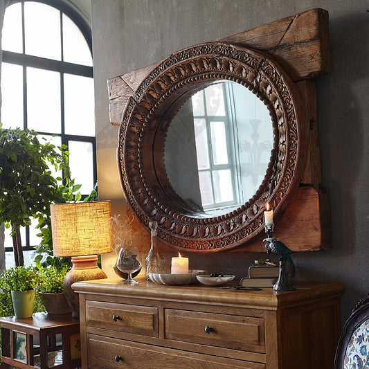 Antique Hand-Carved Wooden Oval Mirror