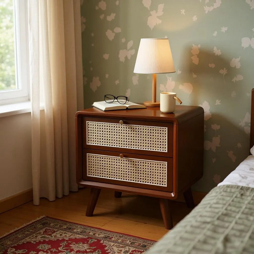 Walnut & Rattan 2-Drawer Nightstand | Mid-Century Modern Bedside Table | Cane Front Storage | Living Furn India