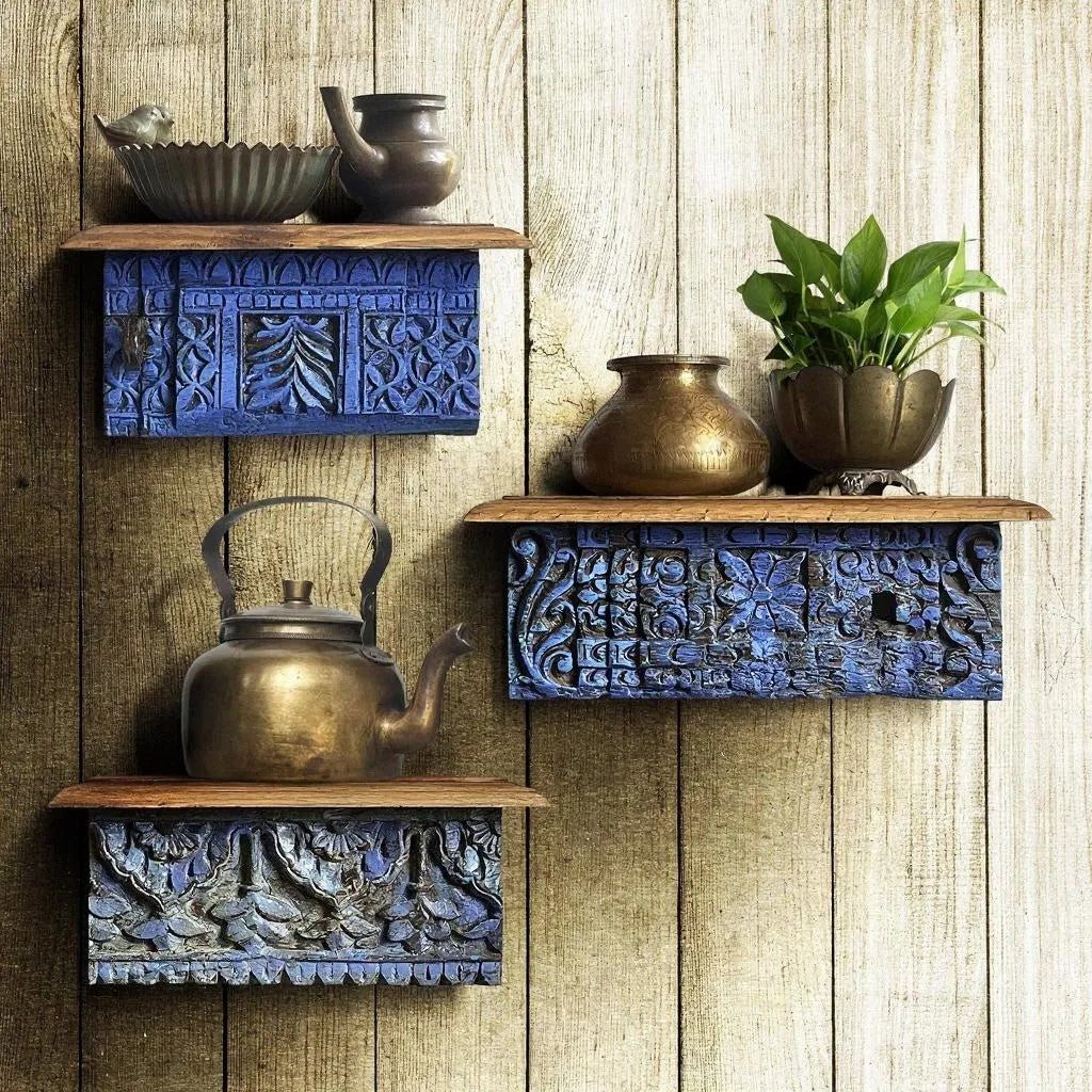 Handcrafted Set of 3 Antique Wooden Wall Shelves – Vintage Carved Living Room Decor