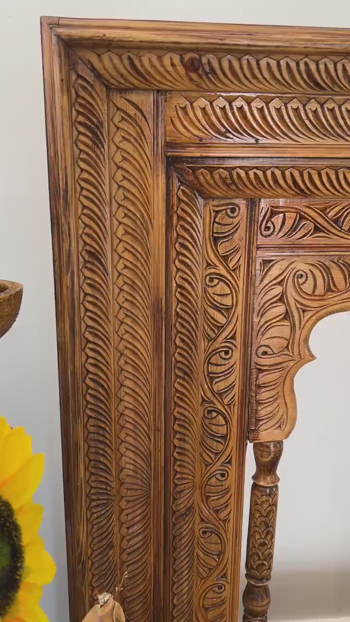 Hand‑Carved Multi‑Arch Wooden Wall Mirror/Frame — Indo‑Moroccan Design, Natural Warm Finish | Living Furn India