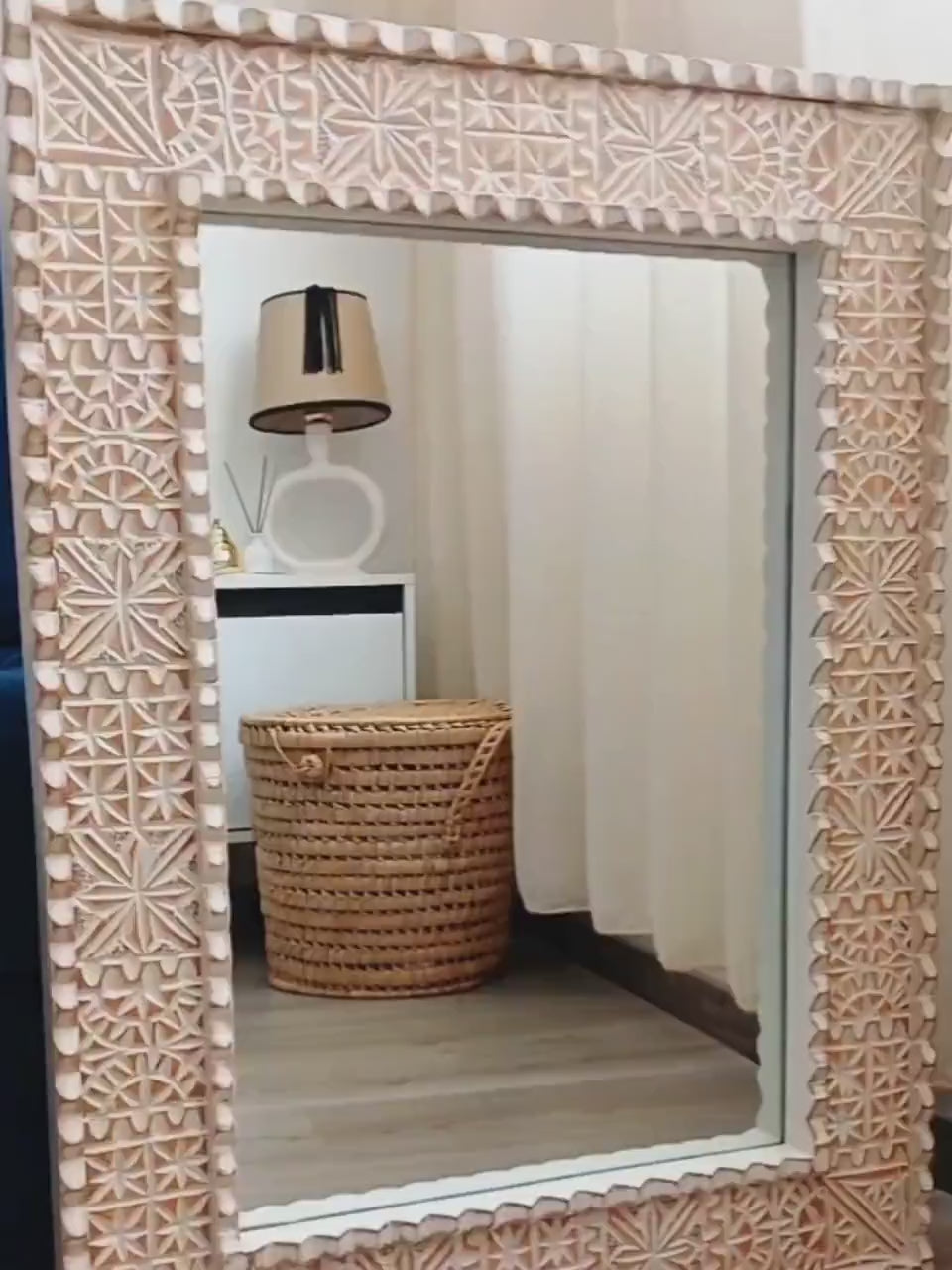 Beige Moroccan Hand Carved Wooden Mirror - Carved Mirror in Vintage Style - Old Wall Mirror Frame- Decor Wood Frame - Farmhouse Wall Decor.