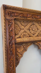 Hand‑Carved 3‑Jharokha Indian Wall Mirror — Distressed Rustic Mango Wood, Architectural Statement | Living Furn India