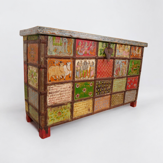 Whimsical Rajasthan Painted Dowry Trunk Box