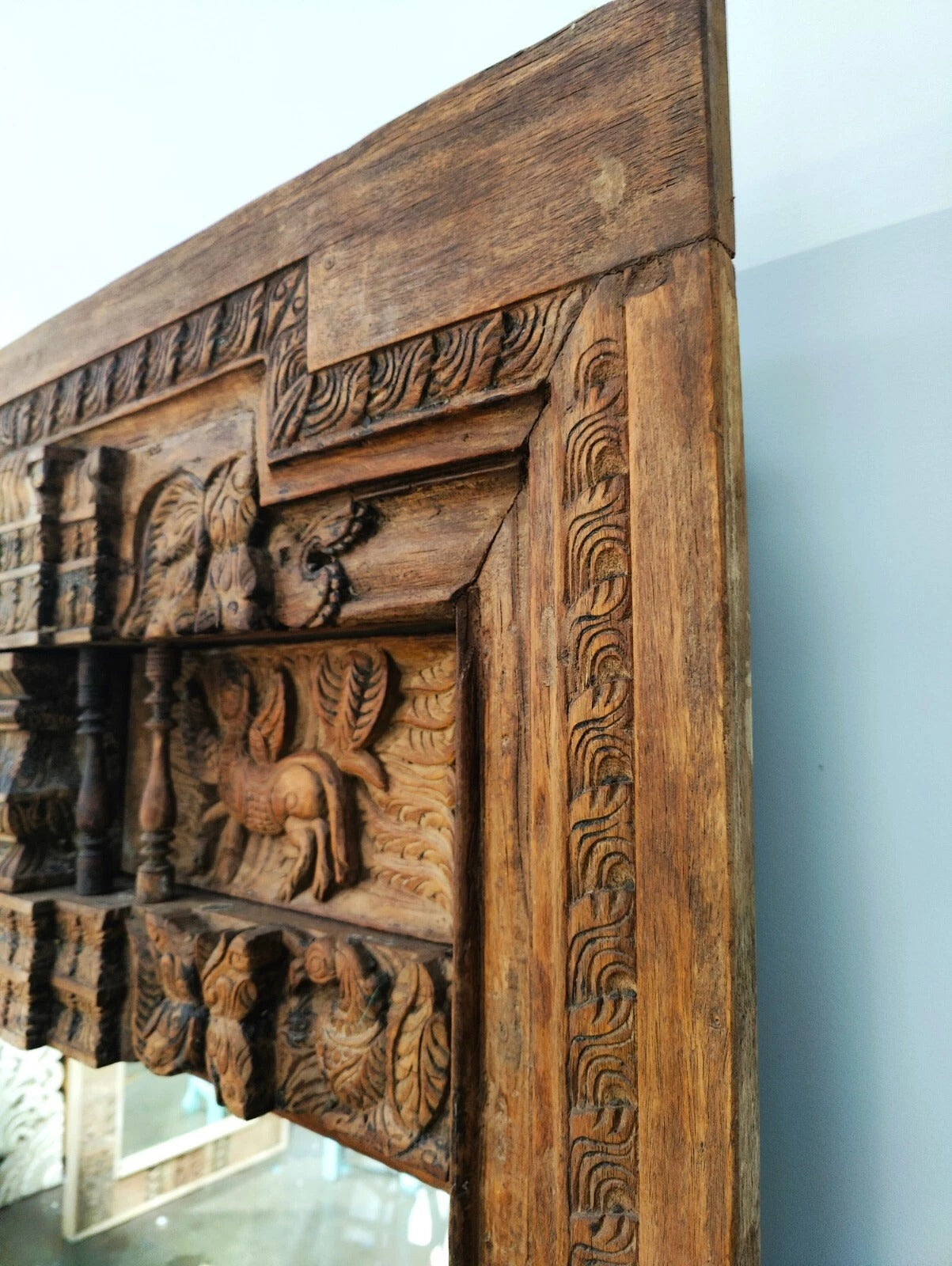 Majestic Heirloom Antique Indian Timber Hand-Carved Mirror | Full-Length Architectural Wall Decor