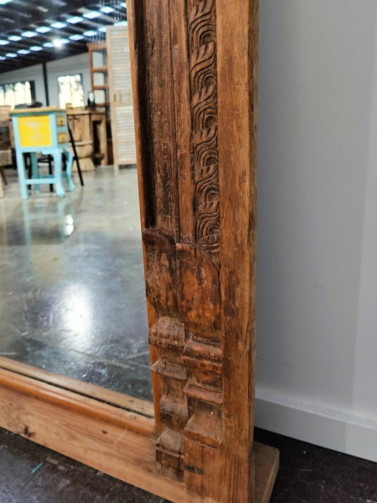 Majestic Heirloom Antique Indian Timber Hand-Carved Mirror | Full-Length Architectural Wall Decor