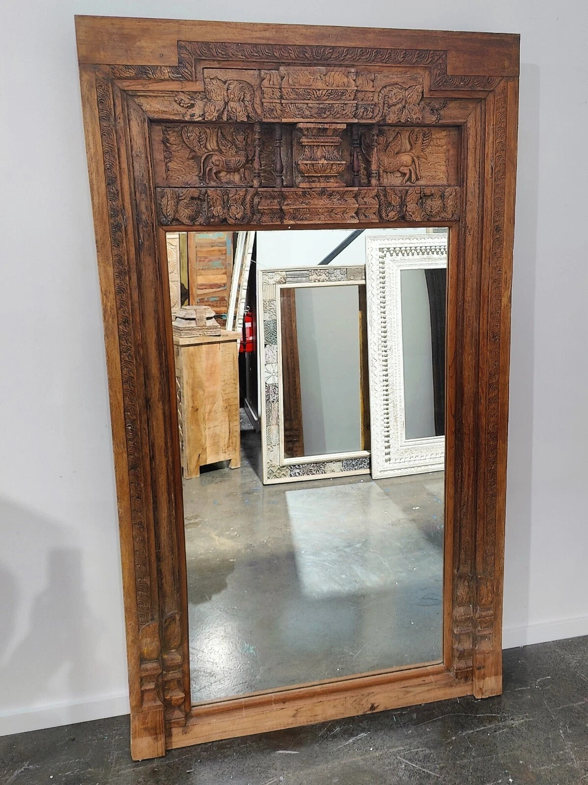 Majestic Heirloom Antique Indian Timber Hand-Carved Mirror | Full-Length Architectural Wall Decor