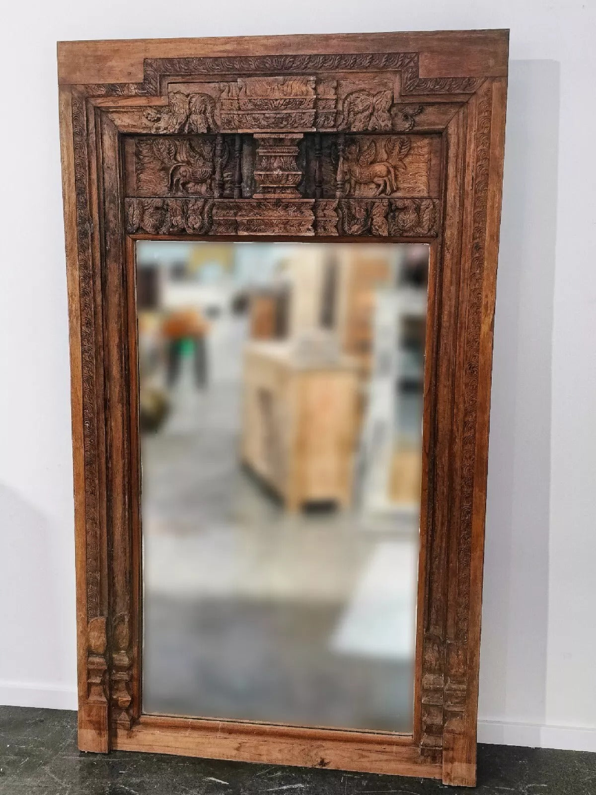 Majestic Heirloom Antique Indian Timber Hand-Carved Mirror | Full-Length Architectural Wall Decor