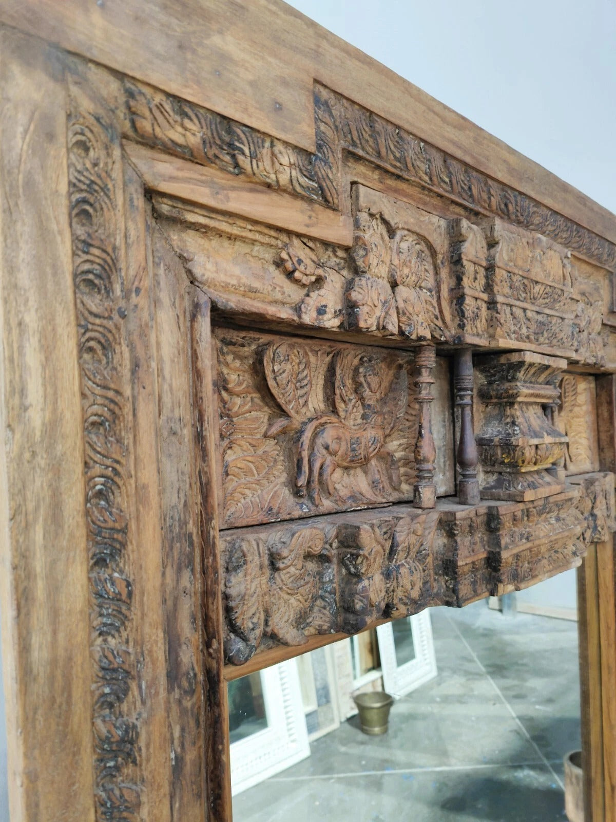 Majestic Heirloom Antique Indian Timber Hand-Carved Mirror | Full-Length Architectural Wall Decor
