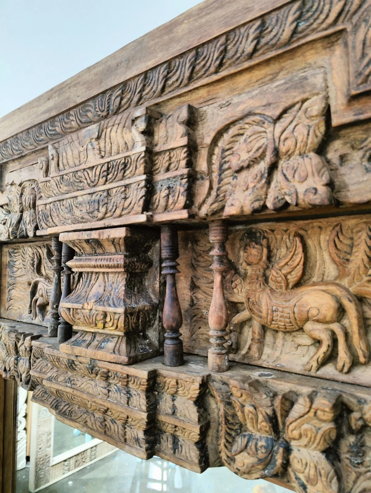 Majestic Heirloom Antique Indian Timber Hand-Carved Mirror | Full-Length Architectural Wall Decor