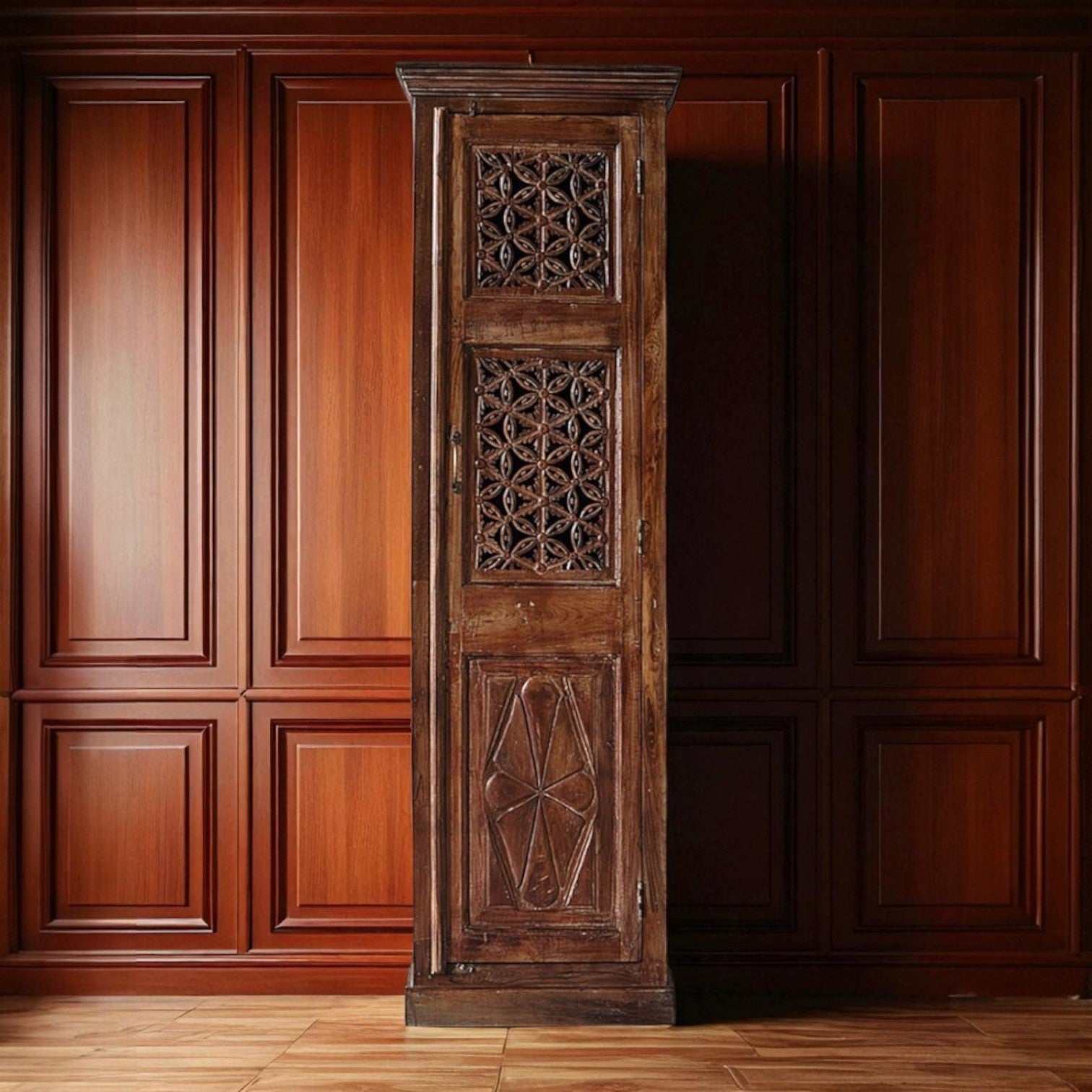 Indian Handcarved Single Door Tall Cabinet With Shelves