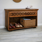 Wooden shoe cabinet with multiple shelves for organized shoe storage
